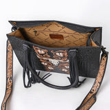 American Darling Western Tote Bag for Women, Hand Tooled Floral Carved & Crocodile Embossed Leather, Longhorn Motif with Fringe
