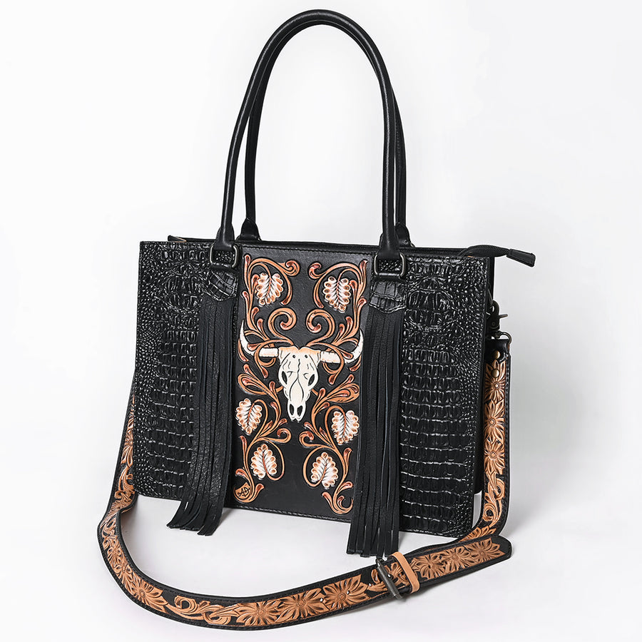 American Darling Hand Tooled Floral and Crocodile Embossed Leather Western Tote Bag - Uhorse