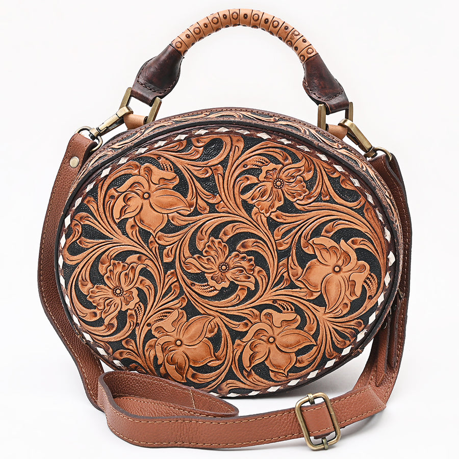 American Darling Canteen Bag Western Hand Tooled Floral Genuine Leather Purse with Buck Stitched Detail and YKK Zipper