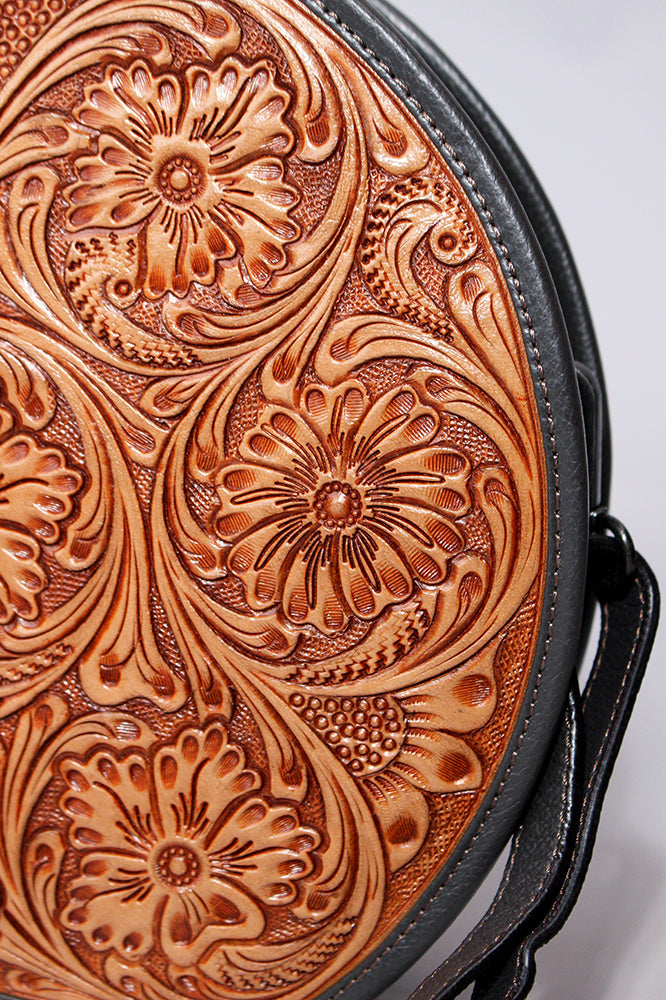 OHLAY Canteen Hand Tooled Genuine Leather Women Bag Western Handbag Purse