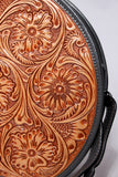 Spaghetti Western Genuine Leather Floral Tooled Round Crossbody Bag Tan & Black