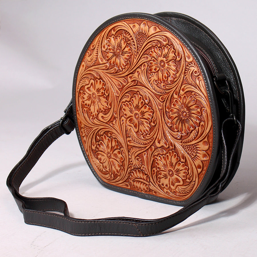 Spaghetti Western Genuine Leather Floral Tooled Round Crossbody Bag Tan and Black - Uhorse