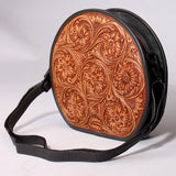 Spaghetti Western Genuine Leather Floral Tooled Round Crossbody Bag Tan & Black