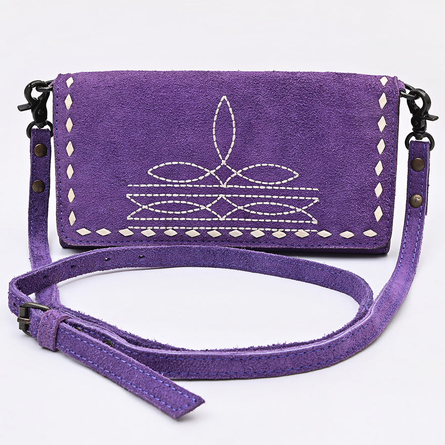 American Darling Western Wallet Handcrafted from Black Genuine Suede Leather | Boot Stitched Design, Studded Trim & YKK Zipper