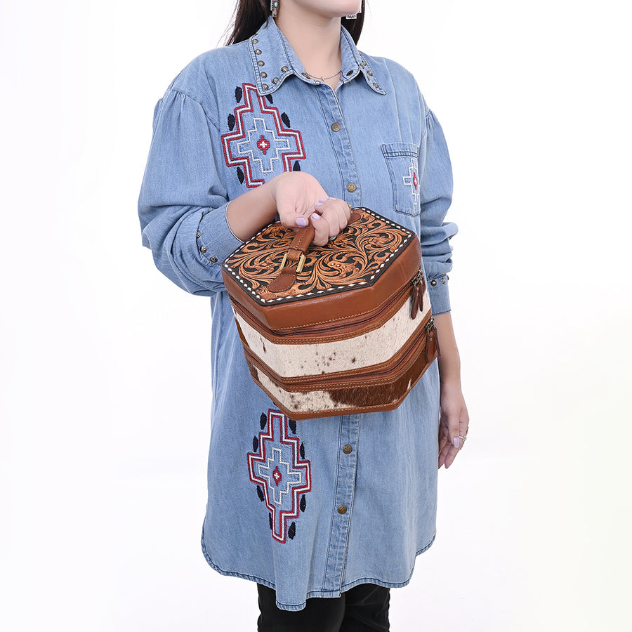 American Darling Women's Hair-On Cowhide Hand Tooled Floral Carved Genuine Leather Jewelry Case Eco-Friendly Western Box