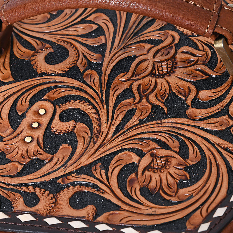 American Darling Women's Hair-On Cowhide Hand Tooled Floral Carved Genuine Leather Jewelry Case Eco-Friendly Western Box