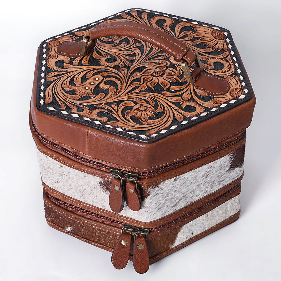 American Darling Hair-On Cowhide Hand Tooled Genuine Leather Jewelry Case - Uhorse