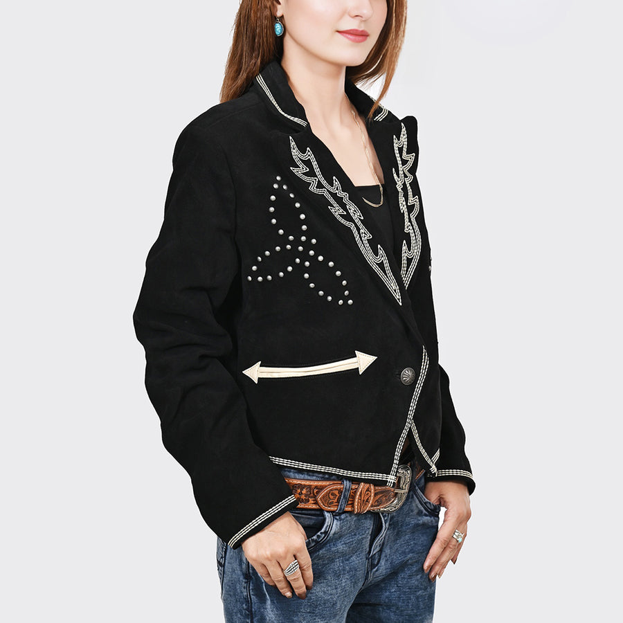 American Darling Genuine Suede Embroidered leather jacket ladies Girl Black