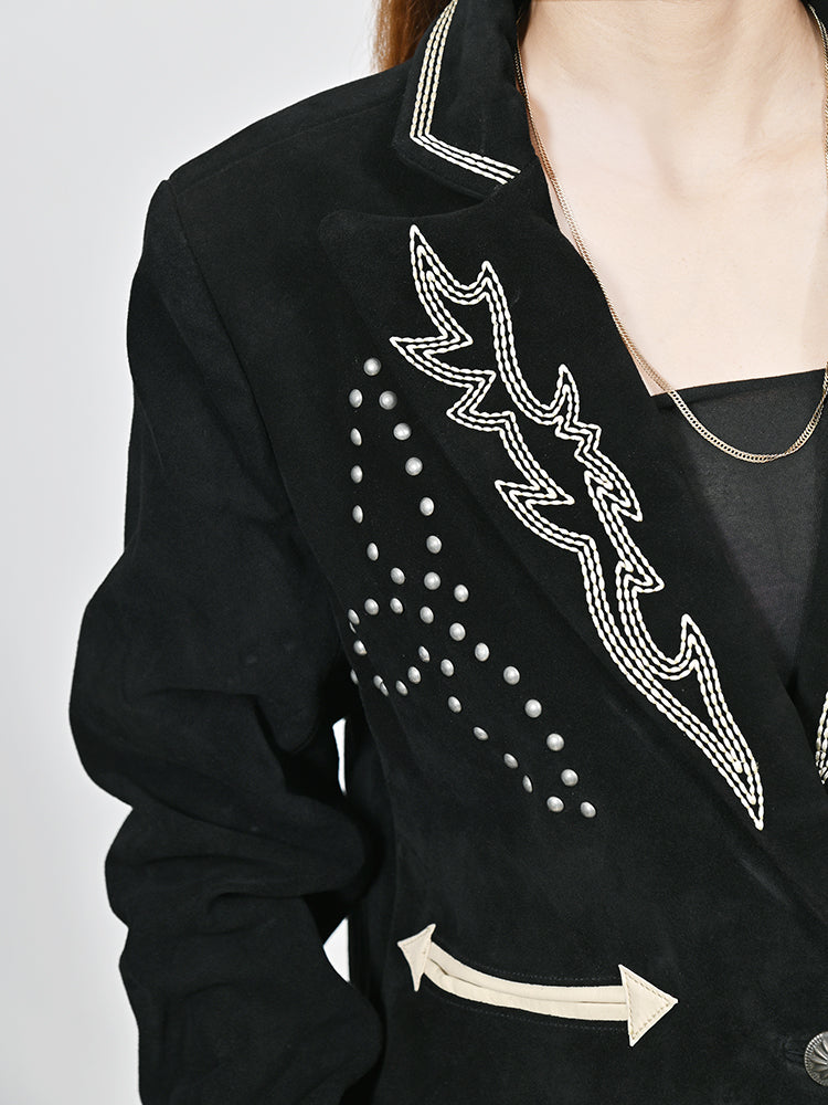 American Darling Genuine Suede Embroidered leather jacket ladies Girl Black