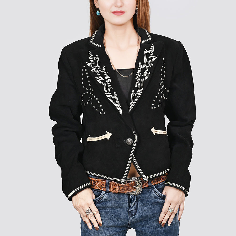 American Darling Genuine Suede Embroidered leather Blazer ladies Girl Black - Uhorse