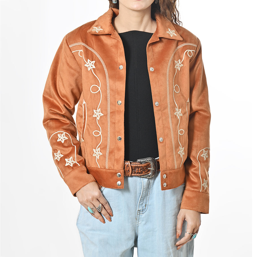 American Darling Women's Western Suede Jacket Tan Embroidered Star Jean Vintage Cowgirl Blazer with Southwestern - Uhorse
