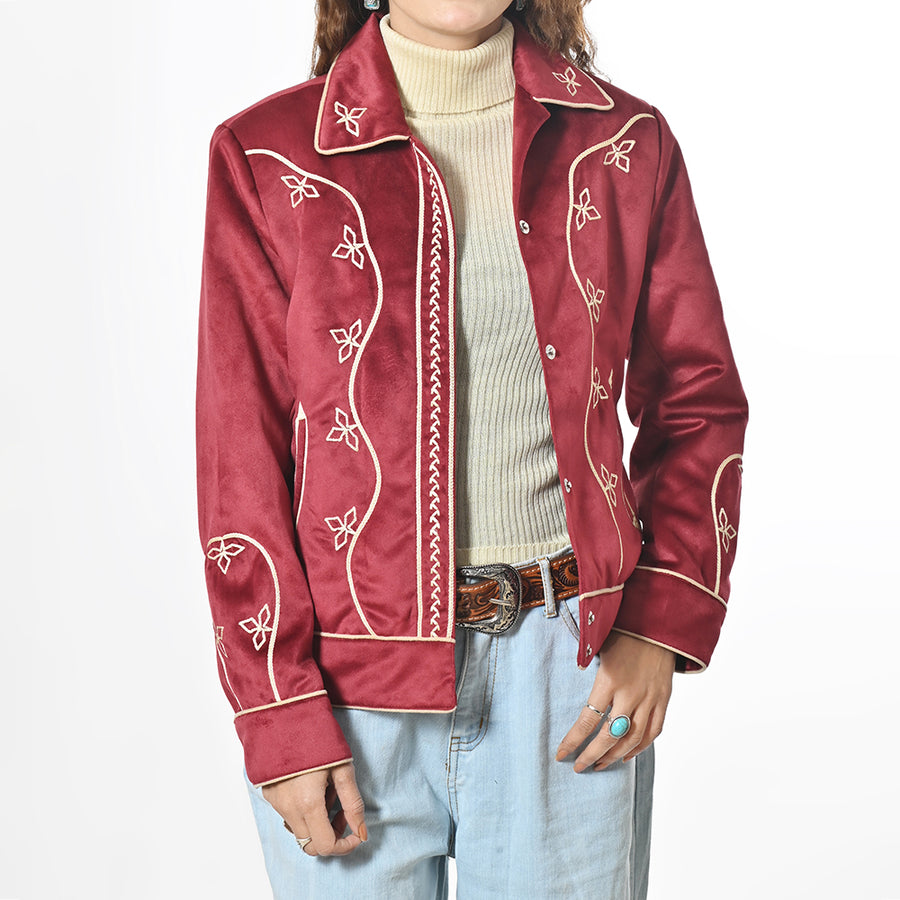 American Darling Women's Embroidered Fabric Shirt Jacket - Western Button-Front Crop Jacket with Floral Stitching - Uhorse