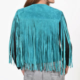 American Darling Women's Premium Turquoise Genuine Suede Leather Fringe Vest | Western Boho Statement Jacket