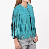 American Darling Women's Premium Turquoise Genuine Suede Leather Fringe Vest | Western Boho Statement Jacket