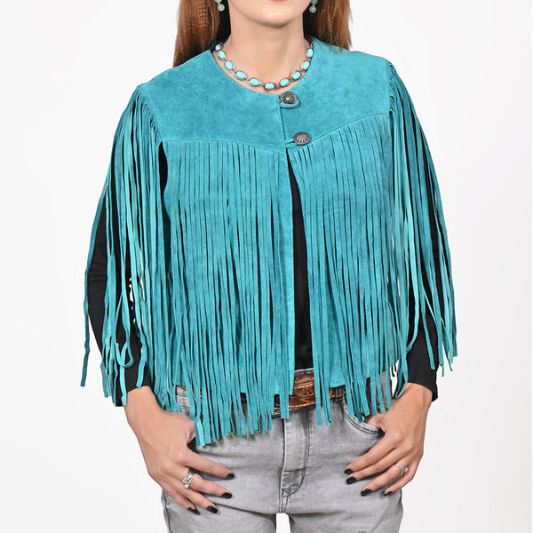 American Darling Women's Turquoise Genuine Suede Leather Fringe Vest | Western Boho Statement Jacket - Uhorse