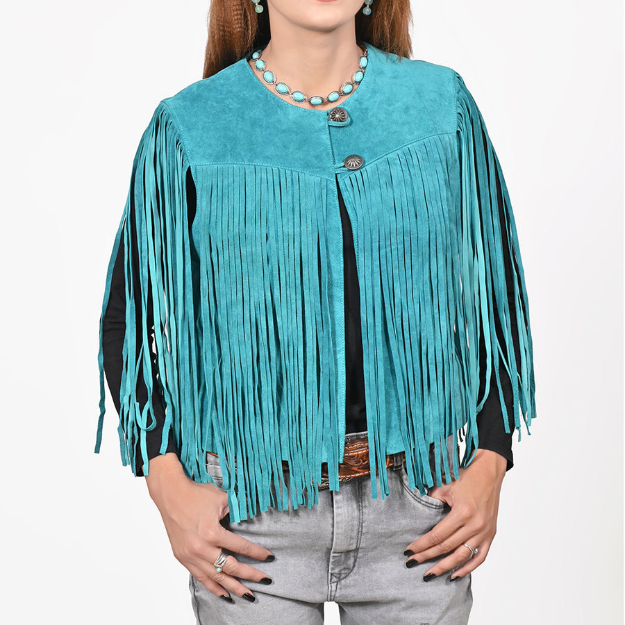American Darling Women's Turquoise Genuine Suede Leather Fringe Vest | Western Boho Statement Jacket - Hilason