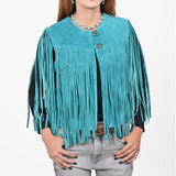 American Darling Women's Turquoise Genuine Suede Leather Fringe Vest | Western Boho Statement Jacket - Hilason