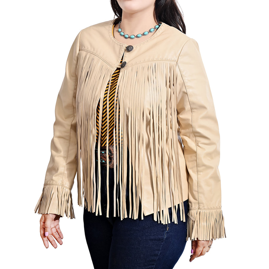 American Darling Women's Tan Genuine Leather Fringe Jacket | Western Boho Shirt Coat - Uhorse
