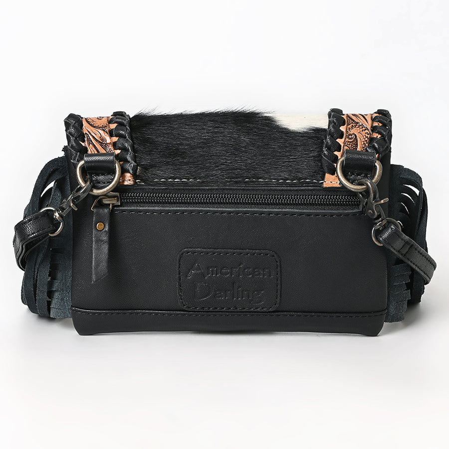 American Darling Small Cross body Bag, Hand Tooled Floral Carved Leather, Hair-On Cowhide with Fringes and YKK Zipper