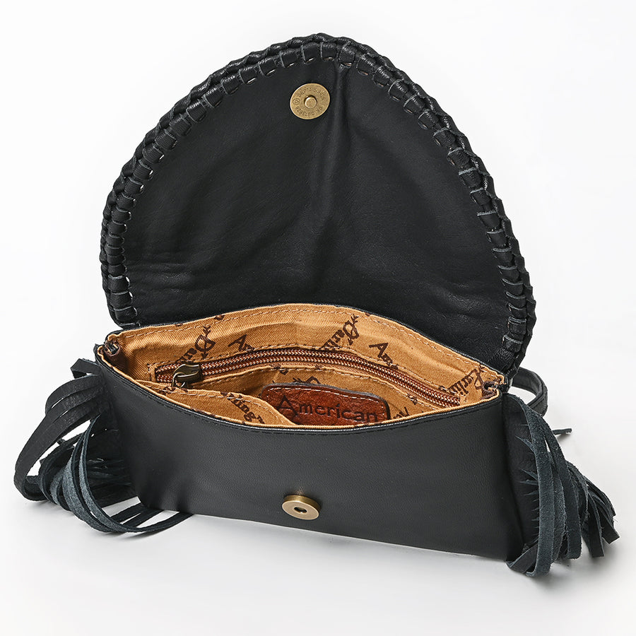 American Darling Small Cross body Bag, Hand Tooled Floral Carved Leather, Hair-On Cowhide with Fringes and YKK Zipper