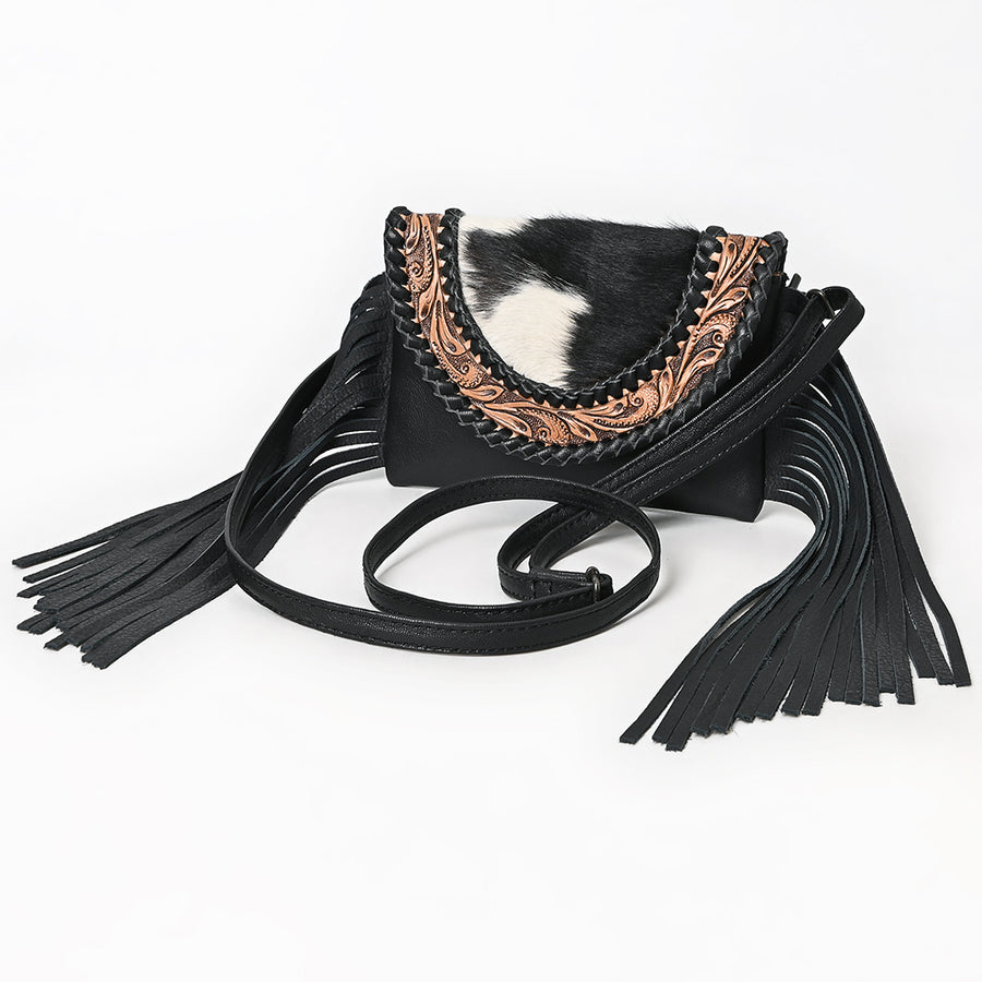 American Darling Small Cross body Bag Hand Tooled Floral with Hair-On Cowhide and Fringes - Uhorse
