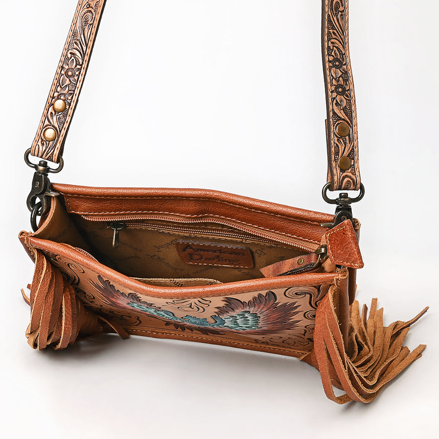 American Darling Cross body Bag for Women, Hand Tooled Floral Carved Vegetable-Tanned Full Grain Leather with Fringes