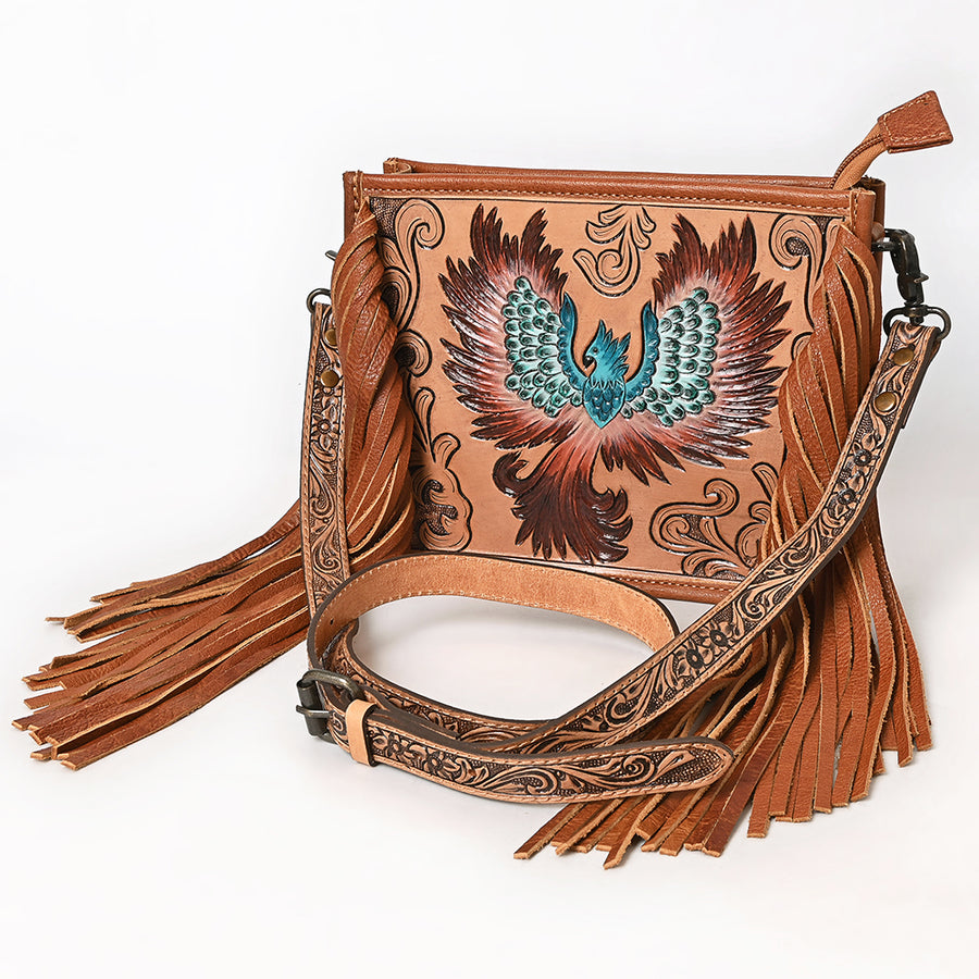 American Darling Western Leather Cross body Bag with Hand Tooled Floral Carving and Fringes - Uhorse