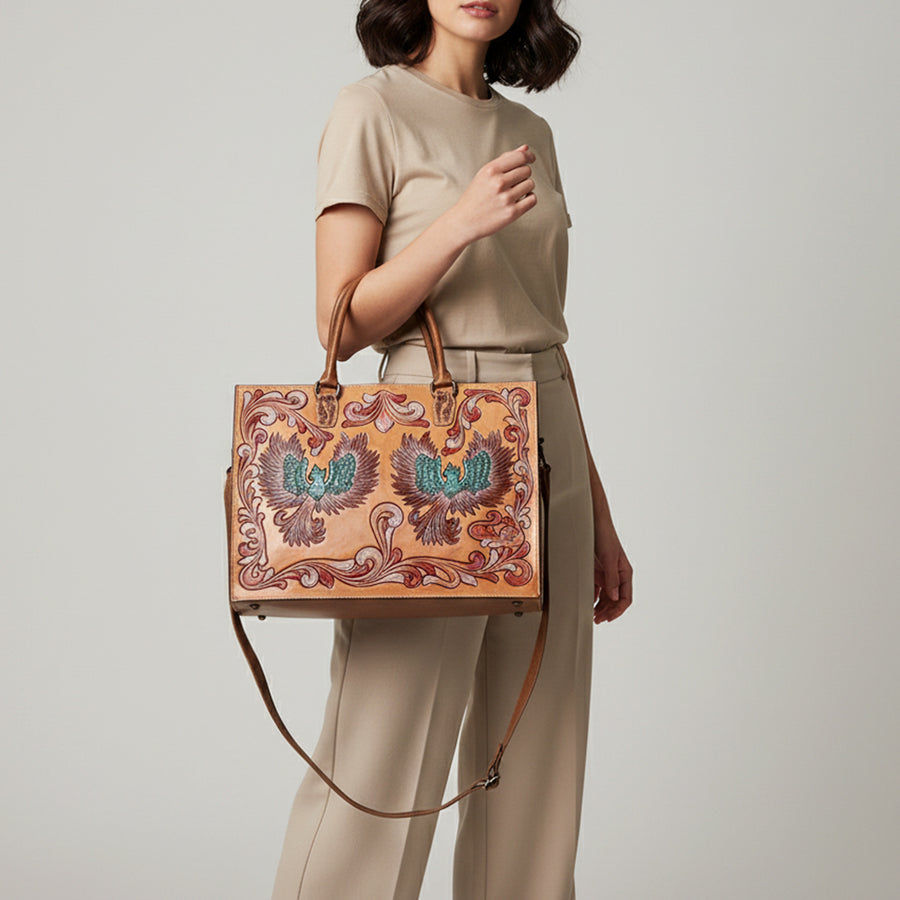 American Darling Tote Bag for Women, Hand Tooled Floral Carved Vegetable-Tanned Full Grain Leather, Large Western Purse