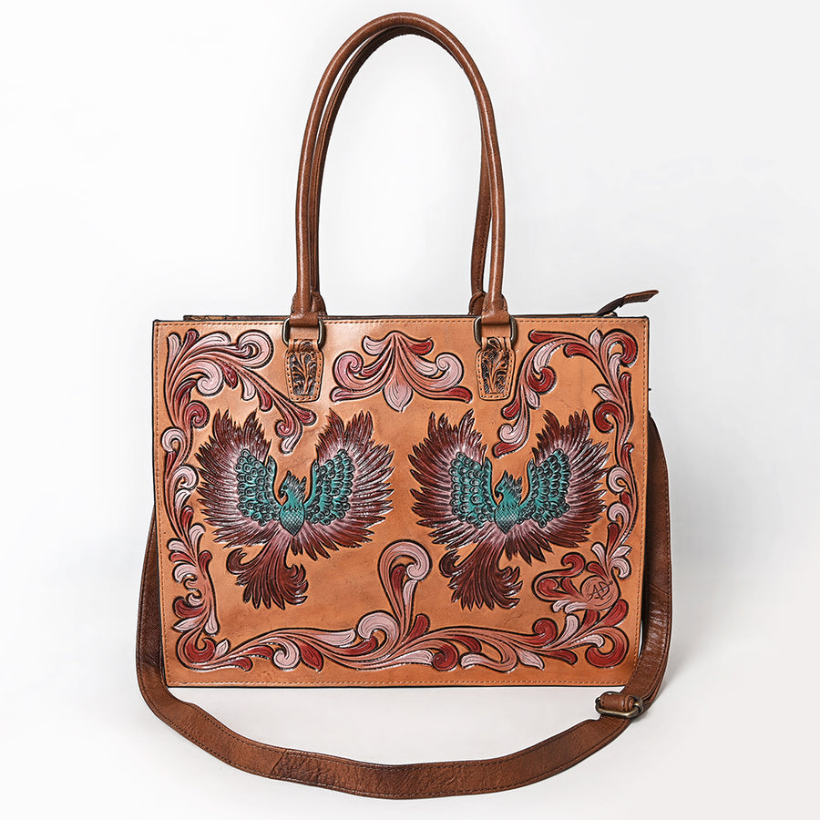 American Darling Tote Bag for Women, Hand Tooled Floral Carved Vegetable-Tanned Full Grain Leather, Large Western Purse