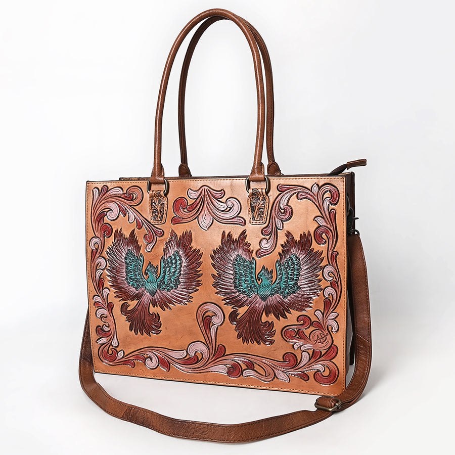 American Darling Western Leather Tote Bag with Hand Tooled Floral Carved - Uhorse