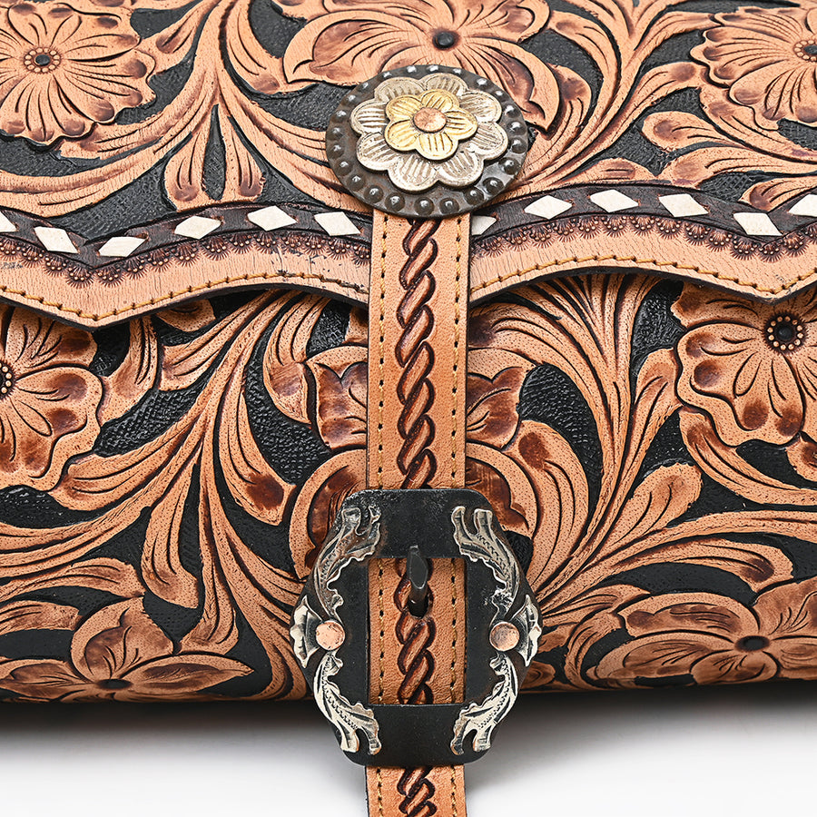 American Darling Western Cross body Bag Hand Tooled Floral Leather Purse with Fringes Buck Stitched Trim and Concho Detail