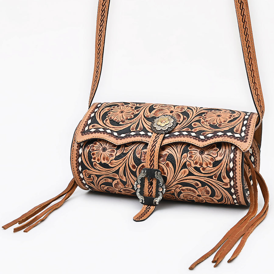 American Darling Hand Tooled Floral Leather Cross body Bag with Fringes - Uhorse
