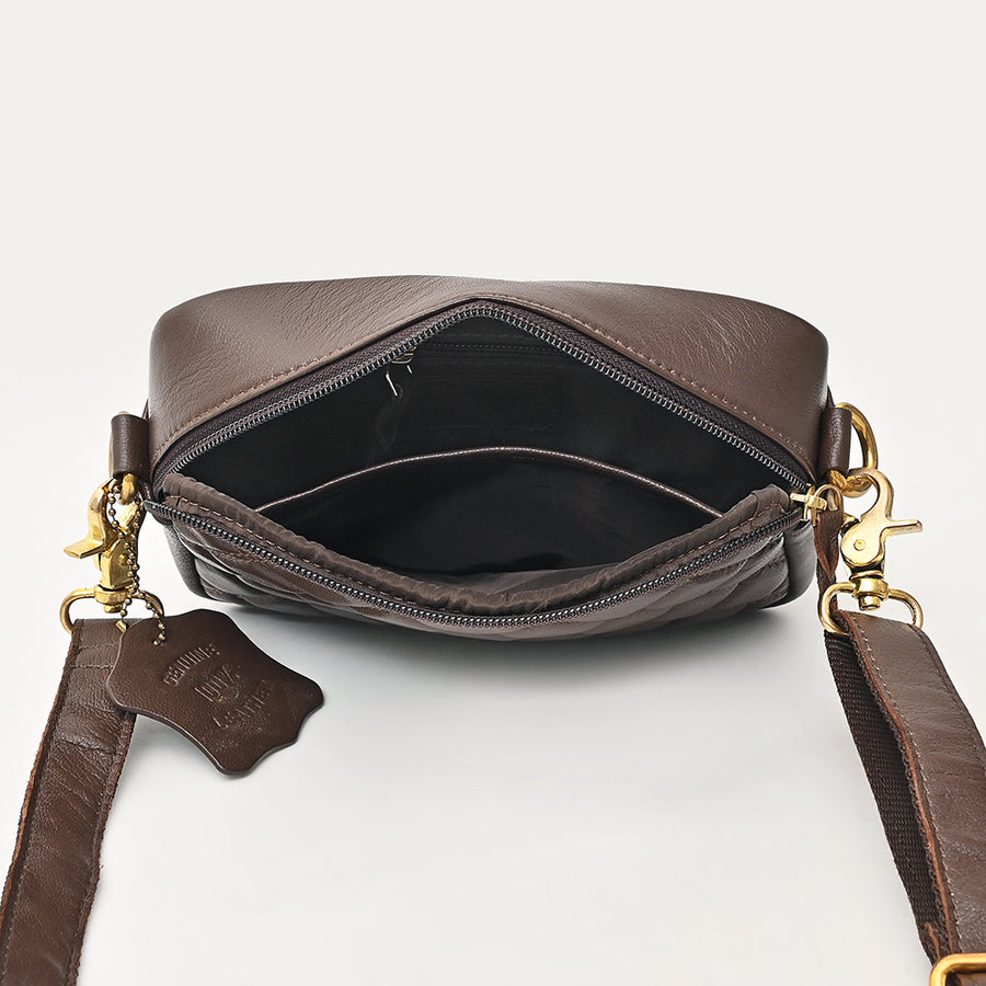 NEVER MIND Luxury Tan Quilted Leather Camera Bag Crossbody Adjustable Strap