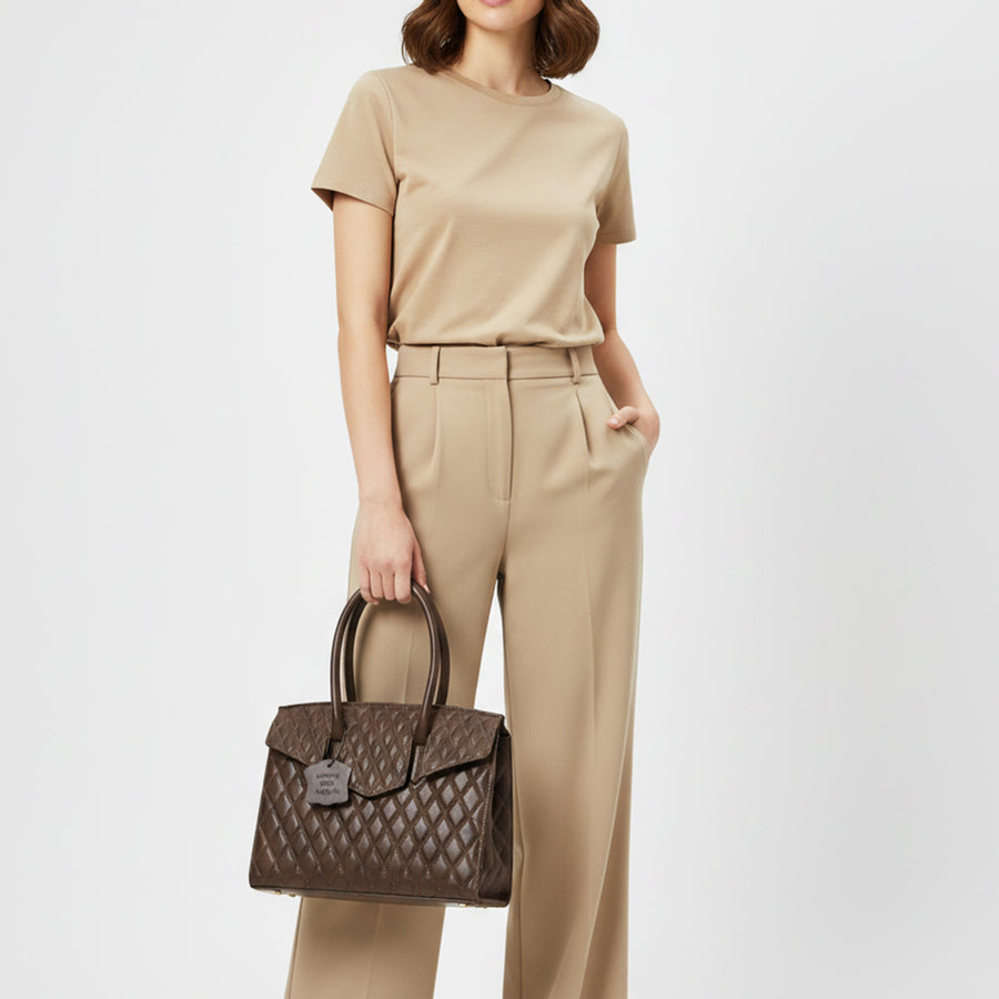 Never Mind Genuine Leather Quilted Tote Bag Women Structured Satchel Handbag Dual Top Handle Spacious Everyday Shoulder Purse
