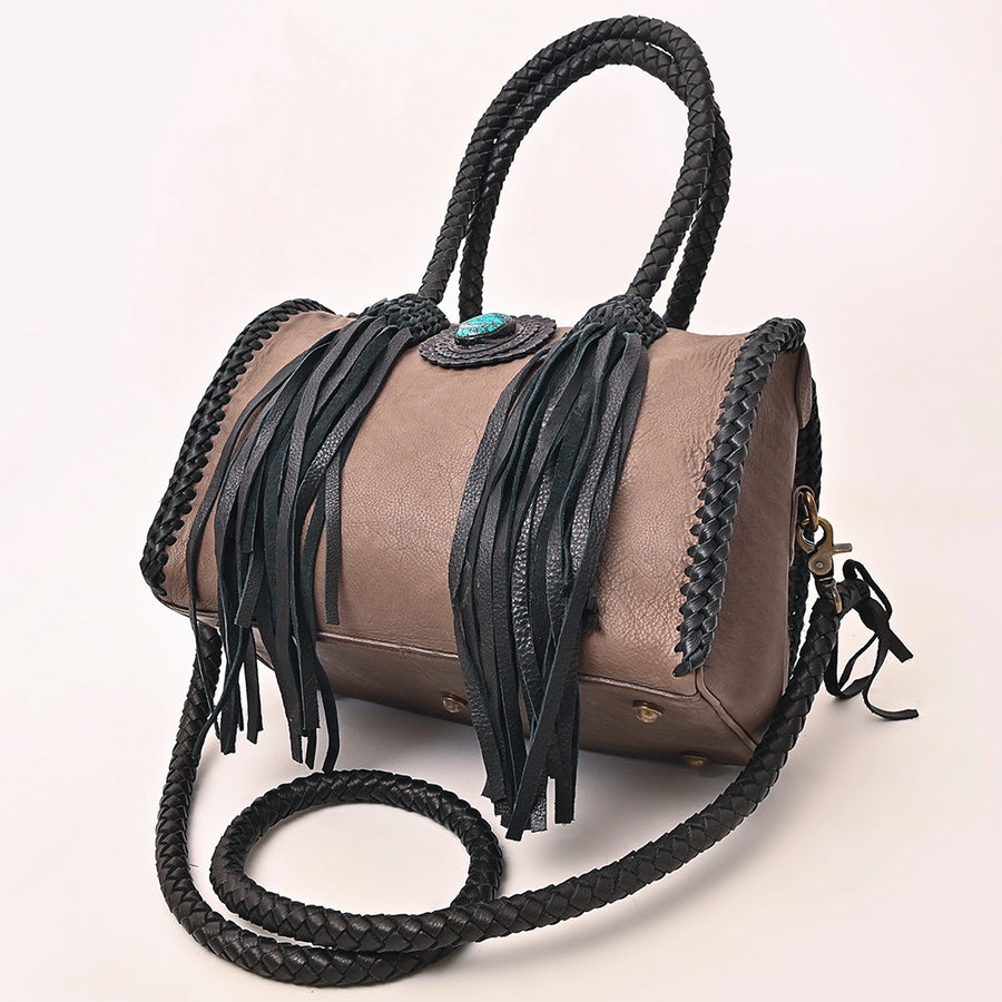 American Darling Speedy Bag Western Genuine Leather Handcrafted Purse with Fringes, Braided Handles and Turquoise Stone