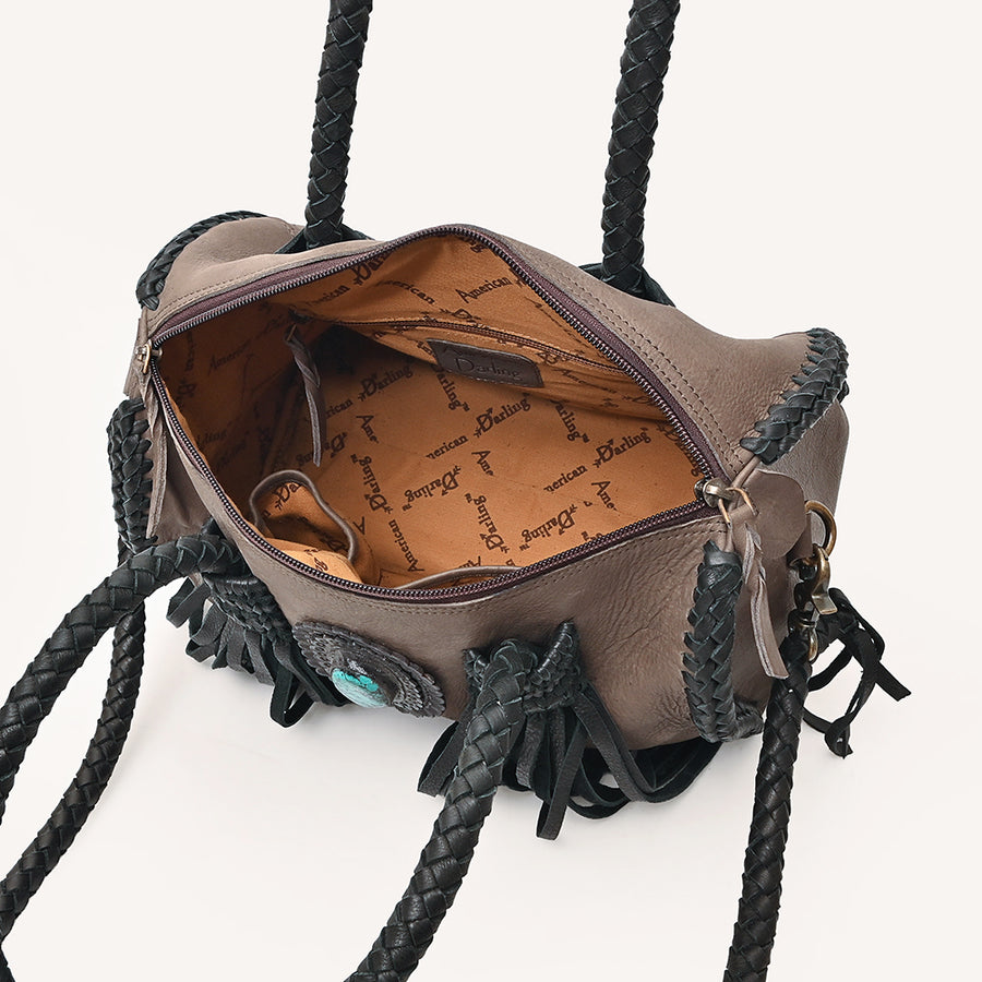 American Darling Speedy Bag Western Genuine Leather Handcrafted Purse with Fringes, Braided Handles and Turquoise Stone