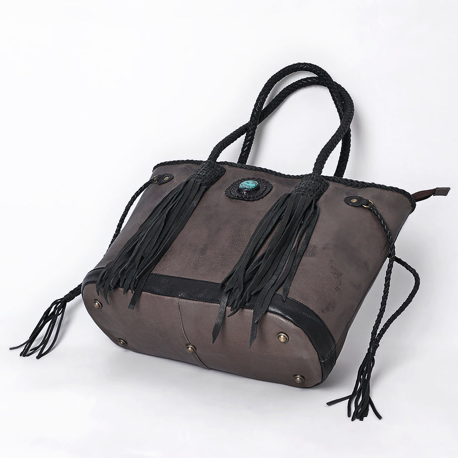 American Darling Tote Bag Western Genuine Leather Handcrafted Large Purse with Turquoise Stone, Fringes and YKK Zipper