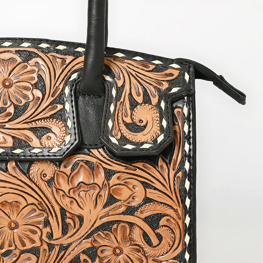 American Darling Tote Bag for Women, Hand Tooled Floral Carved Vegetable-Tanned Full Grain Leather, Buck Stitched Western Purse