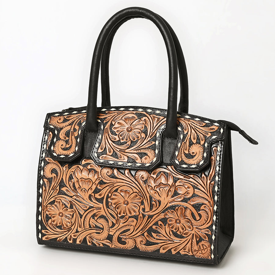 American Darling Western Leather Tote Bag with Hand Tooled Floral Carving and Buck Stitched Detail - Uhorse