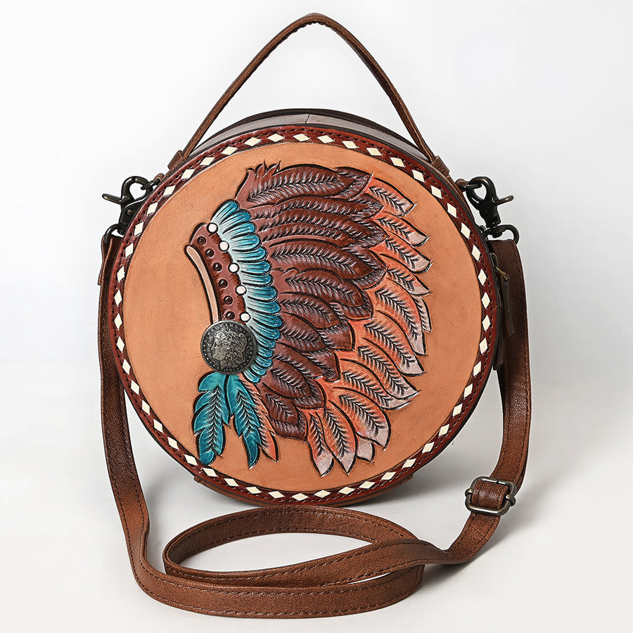 American Darling Canteen Bag for Women, Hand Tooled Leather Headdress, Vegetable-Tanned Full Grain Western Crossbody Purse
