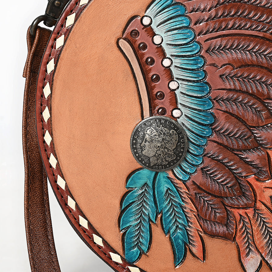 American Darling Canteen Bag for Women, Hand Tooled Leather Headdress, Vegetable-Tanned Full Grain Western Crossbody Purse