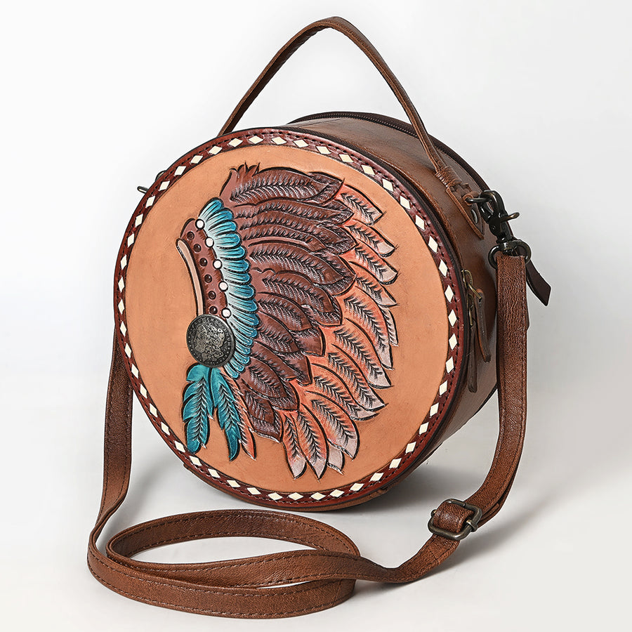 American Darling Western Leather Canteen Bag with Hand Tooled Headdress and Buck Stitched Detail - Uhorse