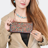 American Darling Wallet Bag for Women, Hand Tooled Floral Carved Vegetable-Tanned Full Grain Leather, Buck Stitched Western Clutch