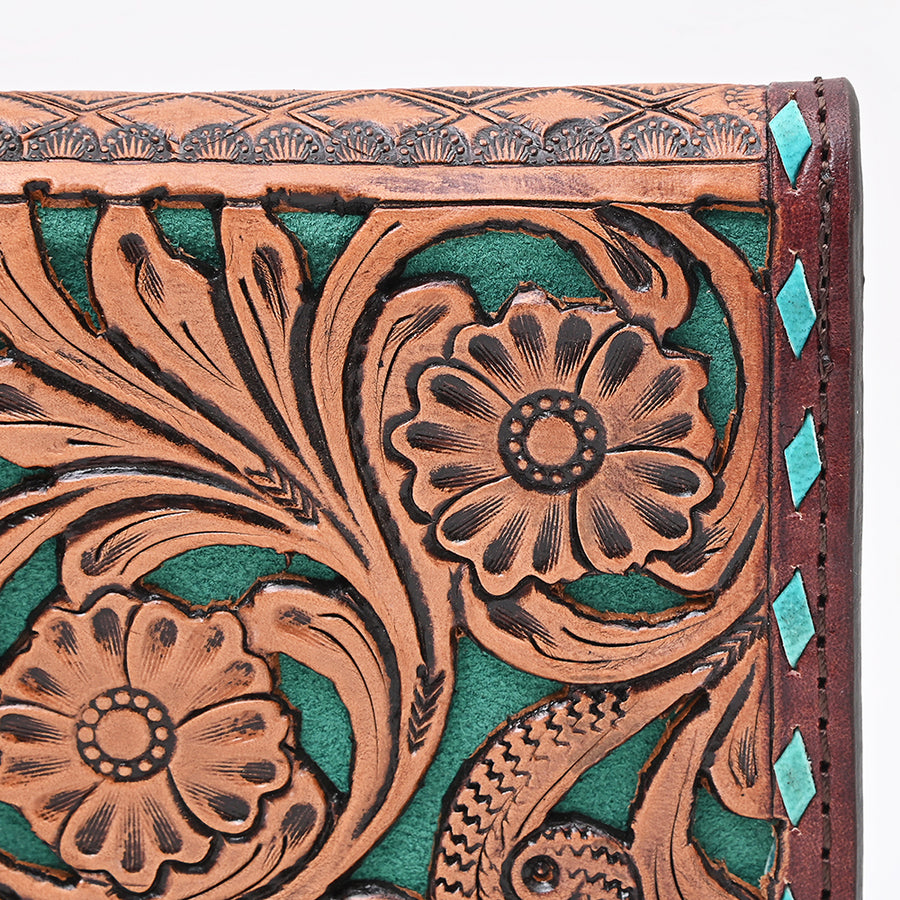 American Darling Wallet Bag for Women, Hand Tooled Floral Carved Vegetable-Tanned Full Grain Leather, Buck Stitched Western Clutch