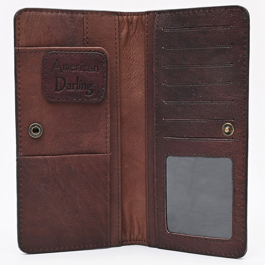 American Darling Wallet Bag for Women, Hand Tooled Floral Carved Vegetable-Tanned Full Grain Leather, Buck Stitched Western Clutch