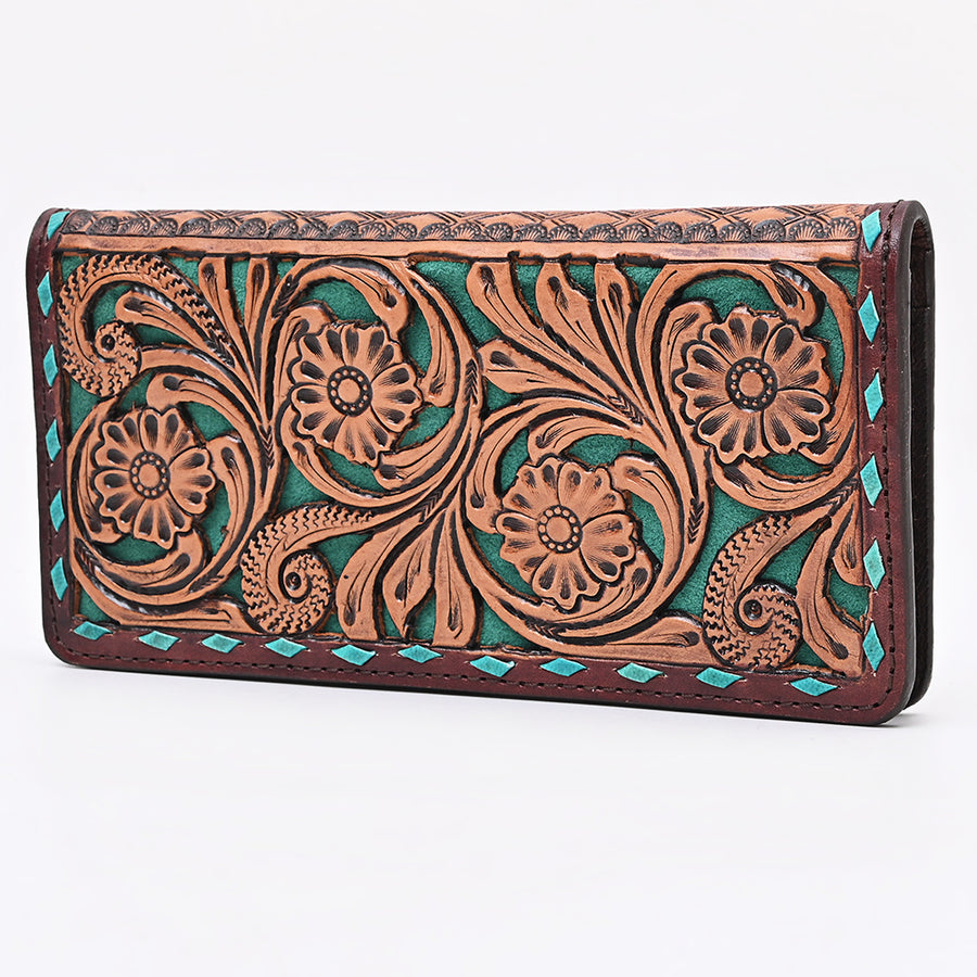 American Darling Western Wallet Bag - Hand Tooled Floral Carved Leather with Buck Stitching - Uhorse