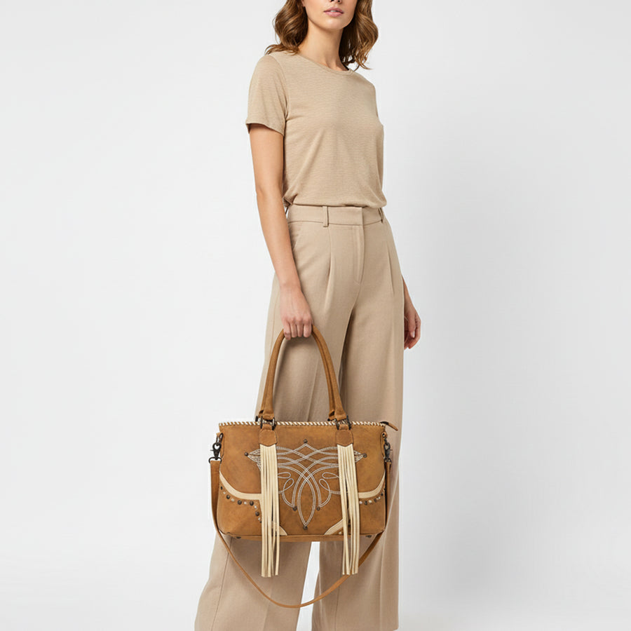 American Darling Cross body Bag, Handcrafted Western Leather Purse with Boot Stitching, Rivets, and Fringes for Women