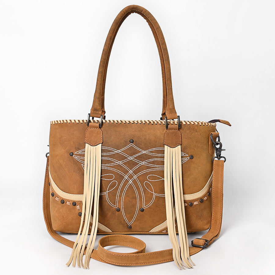 American Darling Cross body Bag, Handcrafted Western Leather Purse with Boot Stitching, Rivets, and Fringes for Women