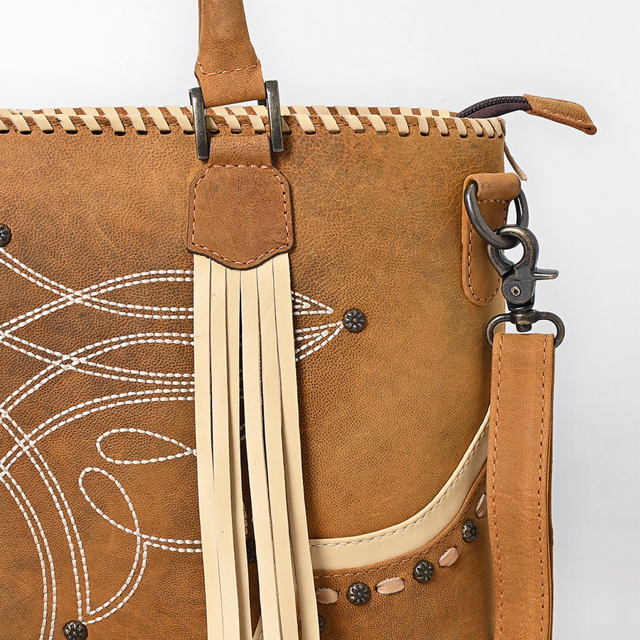 American Darling Cross body Bag, Handcrafted Western Leather Purse with Boot Stitching, Rivets, and Fringes for Women