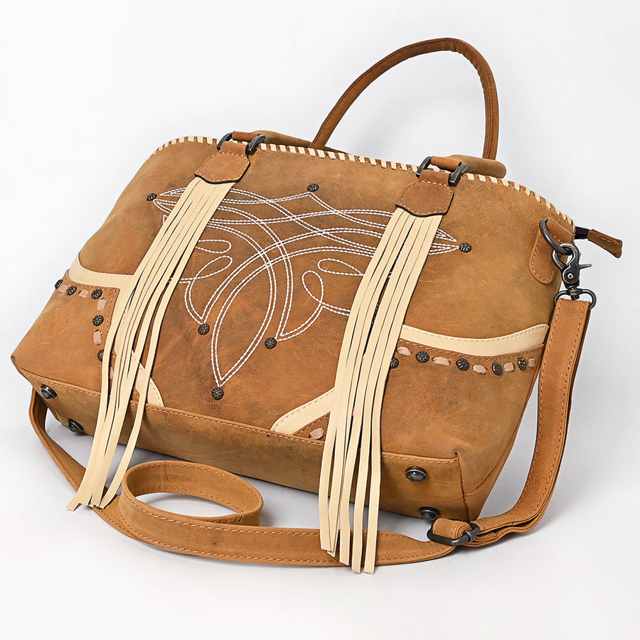 American Darling Cross body Bag, Handcrafted Western Leather Purse with Boot Stitching, Rivets, and Fringes for Women